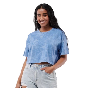 Hollister Oversized Blue Acid Wash Tee | Relaxed Cropped Tie-Dye Top | XXS